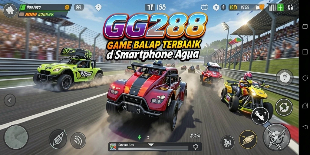 Tangkapan layar gameplay GG288 menampilkan mobil balap di lintasan yang menegangkan.